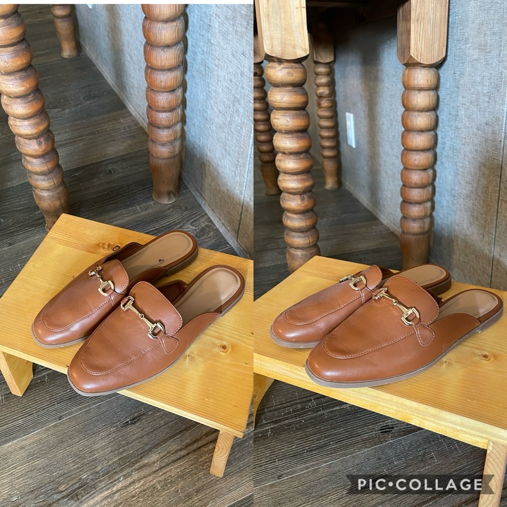 Faux leather loafer mules with gold accents. Only worn once. In great condition